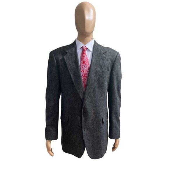 Haggar Men's Blazer Jacket 44L Charcoal Gray Wool Herringbone Made in‎ USA - Picture 1 of 15